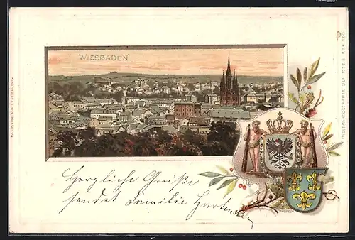 Passepartout-Lithographie Wiesbaden, Teilansicht aus der Vogelschau