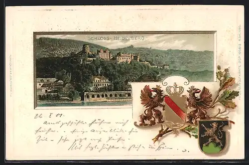 Passepartout-Lithographie Heidelberg, Blick zum Schloss Heidelberg mit Wappen
