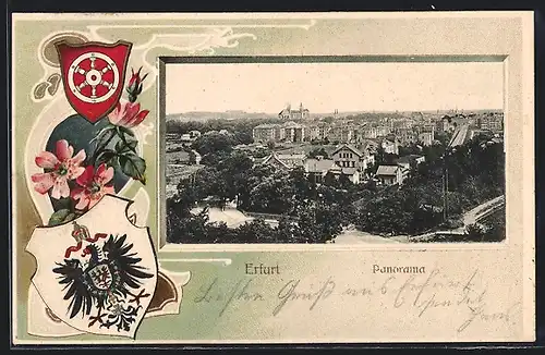 Passepartout-Lithographie Erfurt, Panorama der Stadt, Wappen