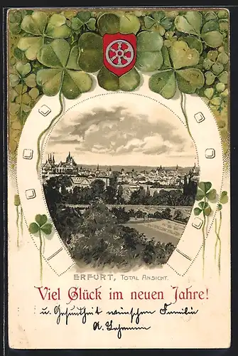 Passepartout-Lithographie Erfurt, Stadtansicht im Hufeisen, Wappen und Klee, Neujahrsgruss