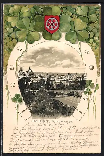 Passepartout-Lithographie Erfurt, Stadtansicht im Hufeisen, Wappen und Klee