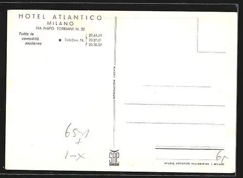 AK Milano, Stazione Centrale, Hotel Atlantico, Via Napo Torriani 22