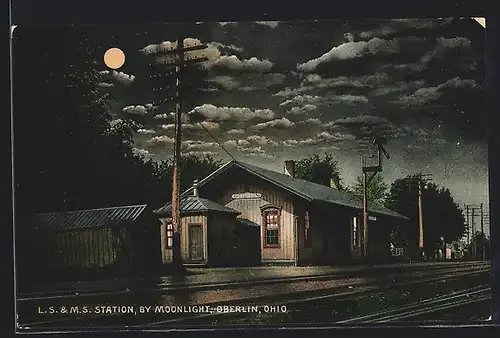 AK Oberlin, OH, L. S. & M. S. Station by Moonlight