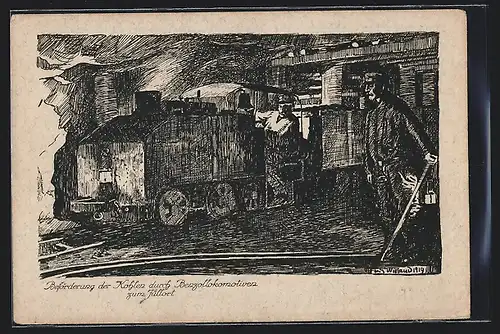 Künstler-AK Waldenburg, Beförderung der Kohlen durch Benzollokomotiven zum Füllort