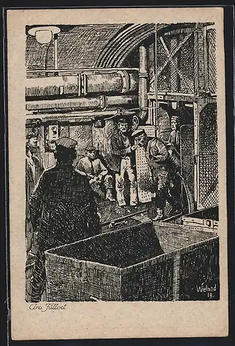 Künstler-AK Waldenburg, Bergmänner am Füllort