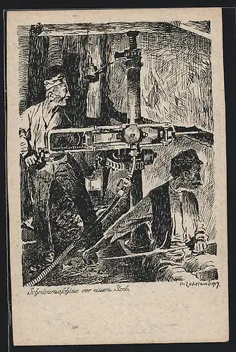 Künstler-AK Waldenburg, Schränzmaschine vor einem Streb