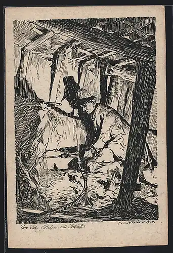 Künstler-AK Waldenburg, Bohren mit Pressluft