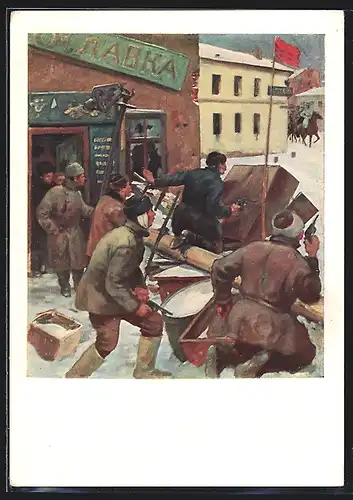 Künstler-AK Revolutionäre bei einer Strassenbarrikade, Revolution 1905