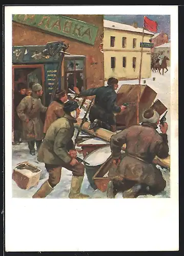 Künstler-AK Revolutionäre verstecken sich vor den Soldaten, Revolution 1905
