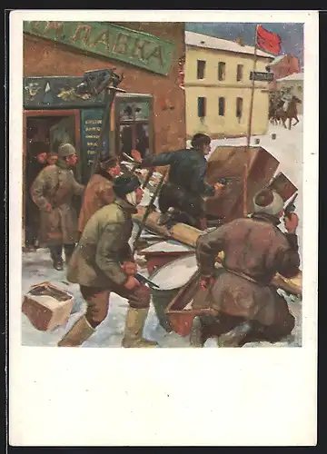 Künstler-AK Strassenbarrikade bei der Revolution 1905