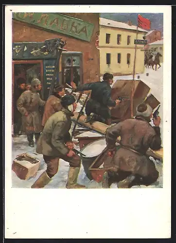 Künstler-AK Männer schützen sich hinter einer Strassenbarrikade, Revolution 1905