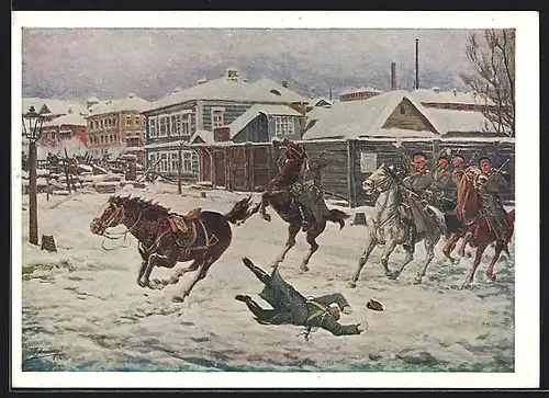 Künstler-AK Soldat wird vom Pferd geschossen, Revolution 1905