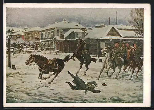 Künstler-AK Soldat fällt vom Pferd während der Revolution 1905