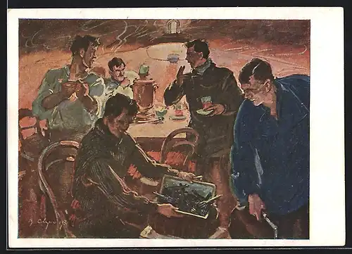 Künstler-AK Männer verteilen Waffen beim Trinken, Revolution 1905