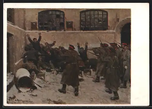 Künstler-AK Soldaten erschiessen Menschen bei der Revolution 1905