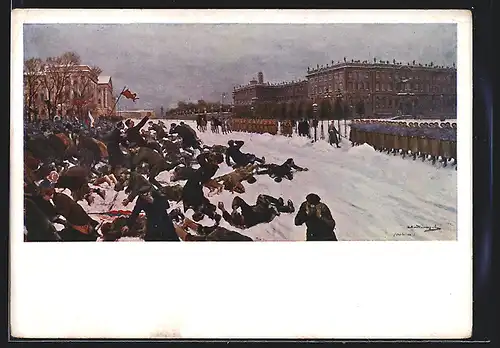 Künstler-AK St. Petersburg, Erschiessung der Manifestanten am 9.1.1905 beim Winterpalais
