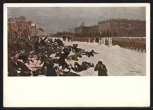 Künstler-AK Niederschiessen des Volkes durch die Soldaten während der Revolution 1905