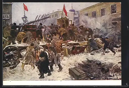Künstler-AK Barrikadenkampf im Dezember während der Revolution 1905