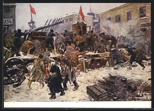 Künstler-AK Volk und Soldaten beim Barrikadenkampf während der Revolution 1905