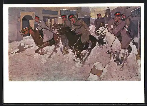 Künstler-AK sign. S. Esutschewsky: Die Kosaken im Jahre 1905, Russische Kunst