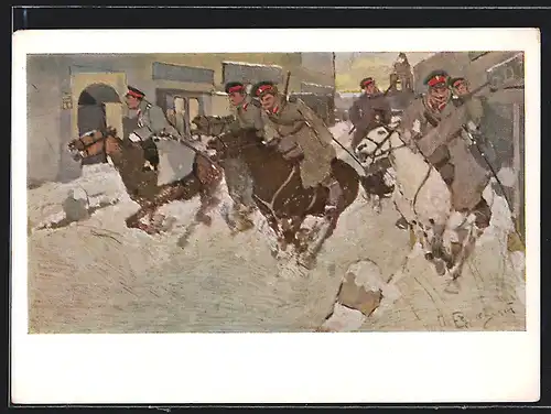 Künstler-AK Kosaken reiten bewaffnet durch den Schnee, Revolution 1905