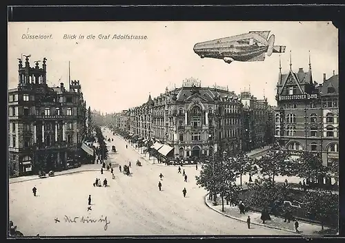 AK Düsseldorf, Zeppelin über der Graf Adolfstrasse