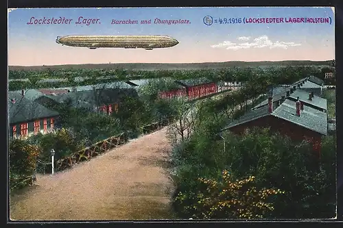 AK Lockstedter Lager, Luftschiff Zeppelin über Baracken & Übungsplatz