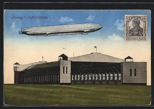 Künstler-AK Leipzig, Zeppelin passiert die Luftschiffhalle