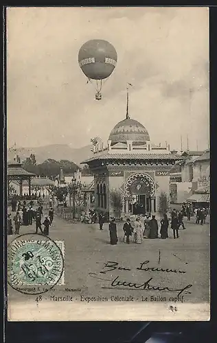 AK Marseille, Exposition Coloniale, Le Ballon captif und Besucher auf dem Ausstellungsgelände