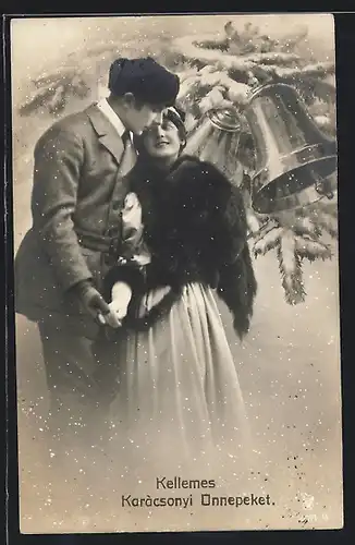 Foto-AK RPH Nr. 4071 /4: Pärchen und Tannenzweig mit Glocke, Weihnachtsgruss
