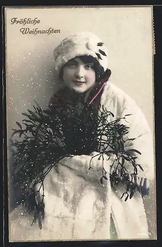 Foto-AK RPH Nr. 4463 /5: Junge Dame im Pelzmantel, Weihnachtsgruss