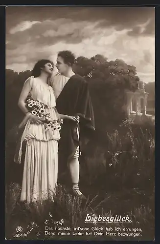 Foto-AK RPH Nr. 5604 /4: Liebesglück, Das höchste ird`sche Glück hab ich errungen..., Liebespaar mit Blumen