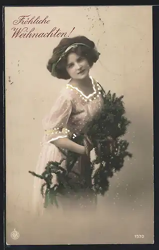 Foto-AK NPG Nr. 1570: Junge Dame mit Tannenzweigen, Weihnachtsgruss