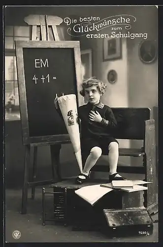 Foto-AK NPG Nr. 7939 /4: Kleiner Junge mit Schultüte, Glückwunsch zum Schulanfang