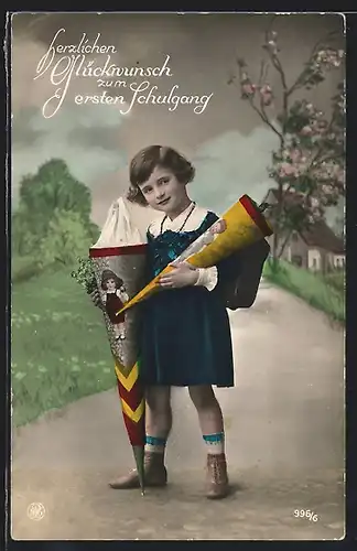 Foto-AK NPG Nr. 996 /6: Kleines Mädchen mit Schultüten, Glückwunsch zum Schulanfang