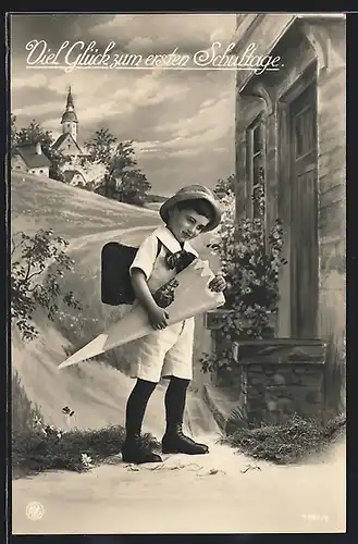Foto-AK NPG Nr. 7791 /5: Kleiner Junge mit Schultüte, Glückwunsch zum Schulanfang