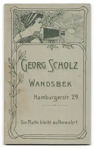 Fotografie Georg Scholz, Wandsbek, Hamburgerstr. 29, Jugendstil Dame mit Plattenkamera, Rückseitig Damen Portrait