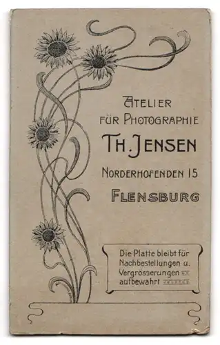 Fotografie Th. Jensen, Flensburg, Norderhofenden 15, blühende Sonnenblume, Rückseitig Paar Portrait