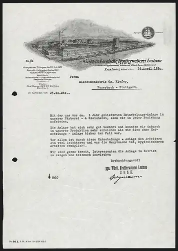 Rechnung Lustnau 1930, Württembergische Frottierweberei GmbH, Werksansicht