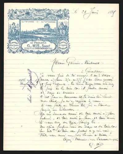 Rechnung Chateauroux 1895, G. His, Succr. Magasins de Nouveautés, 12 Rue St-Luc, Werksansicht