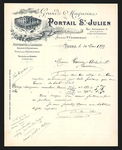 Rechnung Tours 1899, Portail St. Julien Nouveautés & Lainages, Rue Nationale 11, Ladenansicht