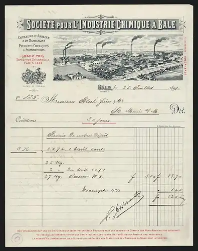 Rechnung Bale 1899, Société pour l`Industrie Chimique à Bale, Produits Chimiques & Pharmaceutiques, Werksansicht