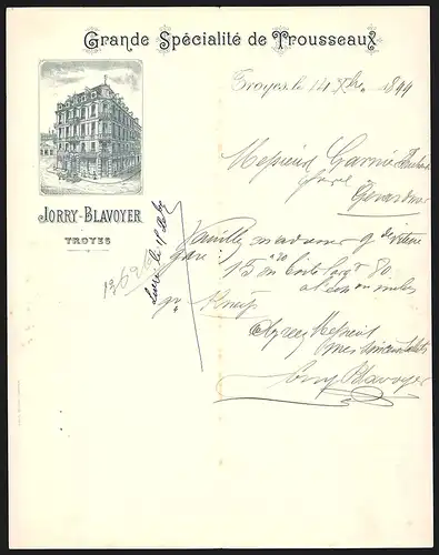 Rechnung Troyes 1899, Jorry-Blavoyer Grande Spécialité de Trousseaux, Ladenansicht