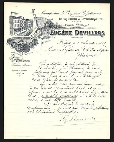 Rechnung Belfort 1899, Eugène Devillers Imprimerie & Lithographie, Ladenansicht und Auszeichnungen