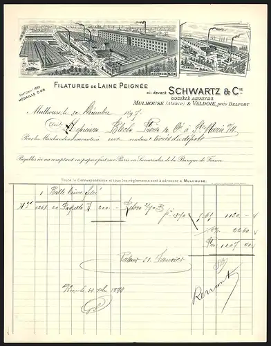 Rechnung Mulhouse 1897, Schwartz & Cie. Filatures de Laine Peignée, Werksansichten