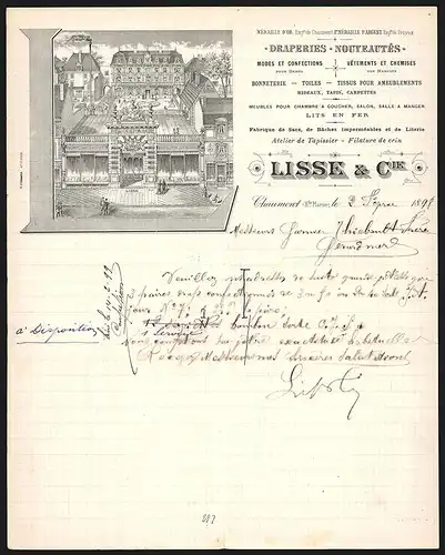 Rechnung Chaumont 1898, Lisse & Cie. Draperies - Nouveautés, Ladenansicht