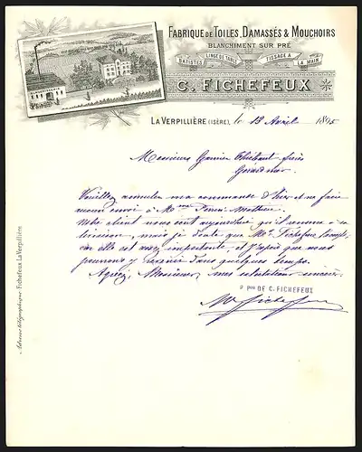 Rechnung La Verpillière 1895, C. Fichefeux Fabriques de Toiles, Damassés & Mouchoirs, Werksansicht