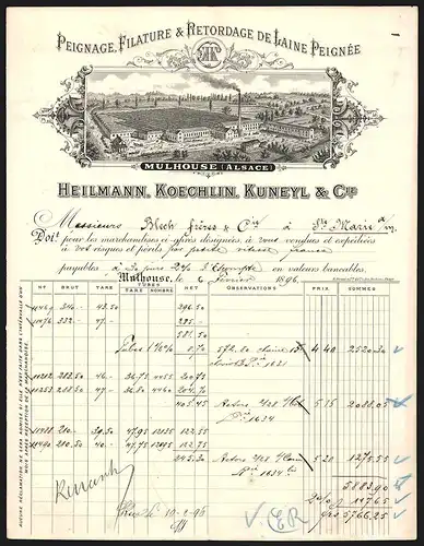 Rechnung Mulhouse 1896, Heilmann, Koechlin, Kuneyl & Cie. Peignage, Filature & Retordage de Laine Peignée, Werksansicht