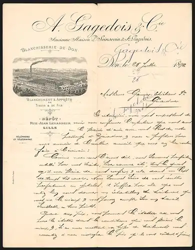 Rechnung Don 1892, A. Gagedois & Cie. Blanchiment & Apprets de Tissus & de Fils, Werksansicht