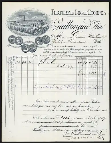 Rechnung Seclin 1892, Filature de Lin & d`Etoupes Guillemaud Ainé, Werksansicht und Auszeichnungen
